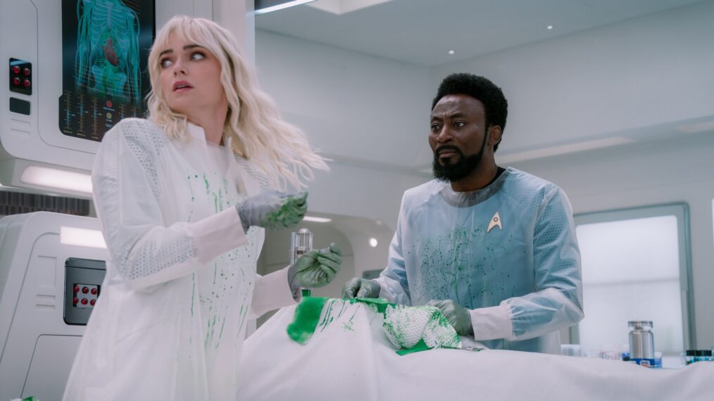 Jess Bush and Babs Olusanmokun, 'Star Trek: Strange New Worlds,' Season 4, Episode 7, Paramount+, September 3, 2026.