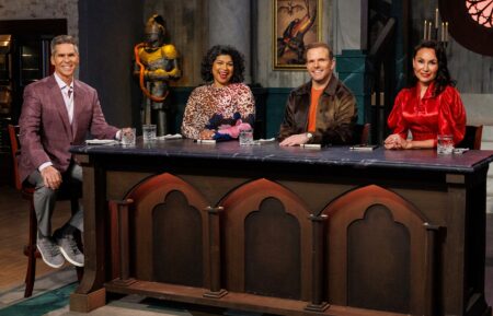 Host John Henson, Judges Aarti Sequeira, Zac Young and Stephanie Boswell, portrait, as seen on 'Halloween Baking Championship,' Season 12, Food Network, premieres September 14, 2026.