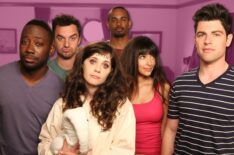 Lamorne Morris as Winston, Jake Johnson as Nick, Zooey Deschanel as Jess, Damon Wayans Jr. as Coach, Hannah Simone as CeCe, and Max Greenfield as Schmidt on 'New Girl'