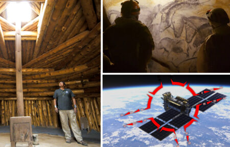 NOVA Stone Age Masterpiece Two scientists staring at the Panel of the Horses Credit© France.tv studio; NOVA Knowledge Keepers Robert Nutlouis stands in a completed hogan in Navajo Nation; NOVA Space Wars Graphic of a targeting display locked on to a satellite in orbit above Earth Credit: Satellite image courtesy of Storyblocks