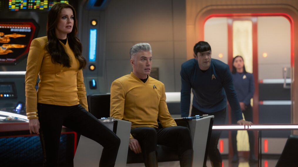 Rebecca Romijn, Anson Mount, Ethan Peck, 'Star Trek: Strange New Worlds,' Season 4, Episode 9, Paramount+, premieres September 17, 2026.