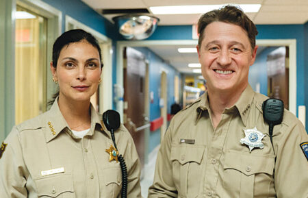 "Cyclone" -- CBS Original Series Sheriff Country, scheduled to air on Friday, October 9 (8:00-9:00 PM, ET/PT) on the CBS Television Network. Pictured (L-R): Morena Baccarin as Sheriff Mickey Fox and Ben McKenzie as Sheriff Jim Wade.