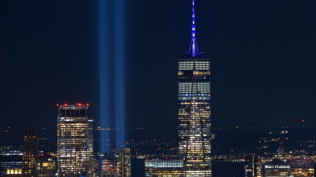 The Tribute in Light is illuminated over the skyline of lower Manhattan and One World Trade Center seen from the Empire State Building ahead of the 25th anniversary of the attack on the World Trade Center on September 08, 2026, in New York City.