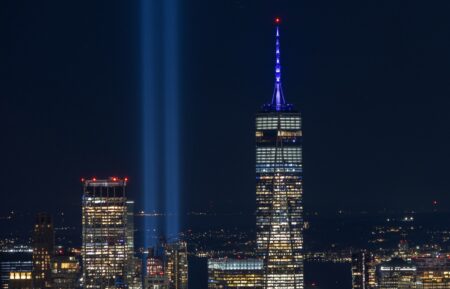 The Tribute in Light is illuminated over the skyline of lower Manhattan and One World Trade Center seen from the Empire State Building ahead of the 25th anniversary of the attack on the World Trade Center on September 08, 2026, in New York City.