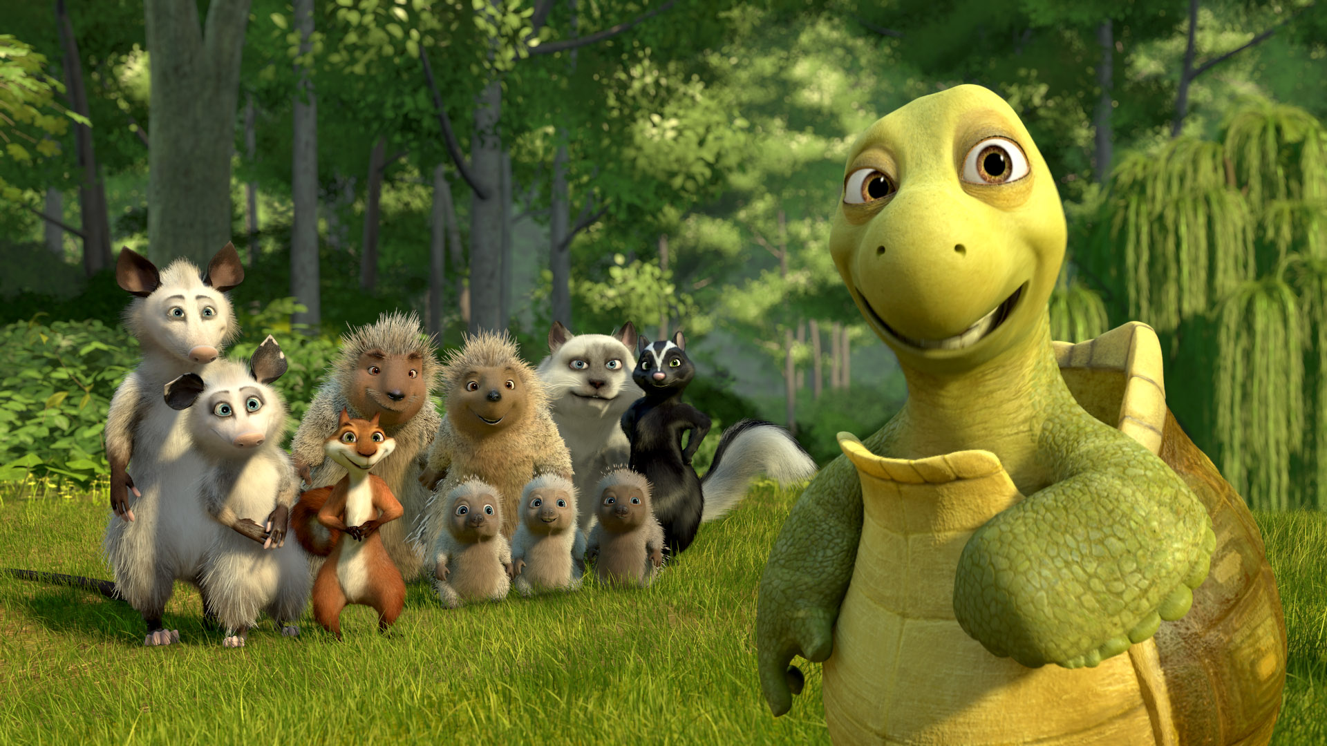 Verne of Over the Hedge with Ozzie, Heather, Hammy, Lou, Penny, Quillo, Spike, Bucky, Tiger, and Stella
