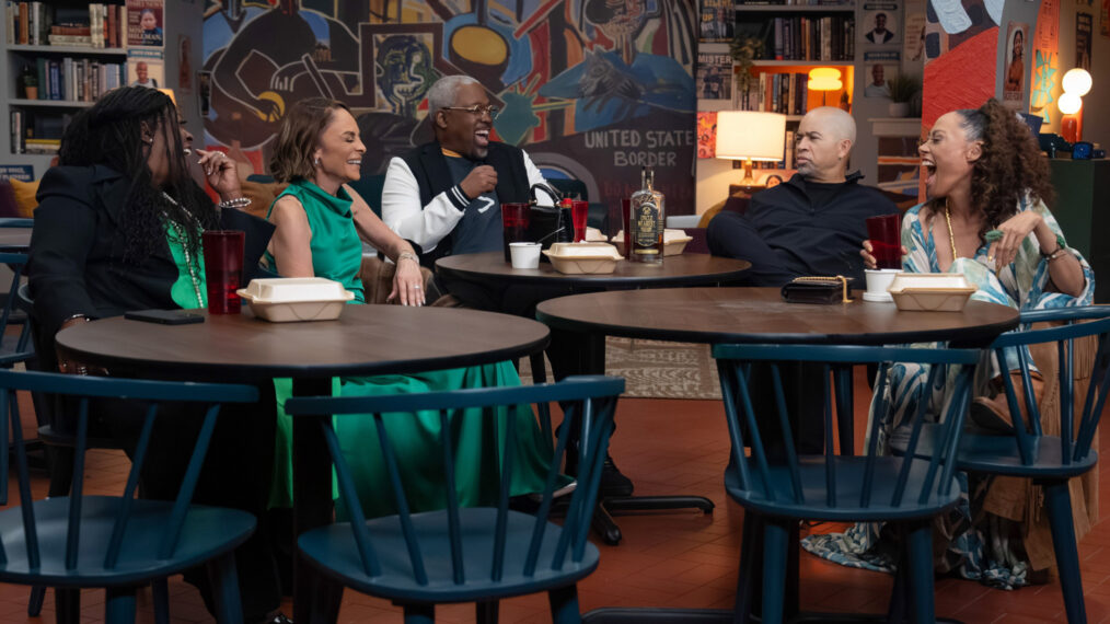 Charnele Brown as Kim Reese, Jasmine Guy as Whitley Gilbert, Kadeem Hardison as Dwayne Wayne, Darryl M. Bell as Ron Johnson, and Cree Summer as Freddie Brooks in ‘A Different World’ (2026)