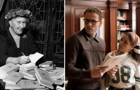 Agatha Christie autographing French editions of her books, circa 1950; Josh Dylan as Tommy and Antonia Thomas as Tuppence in 'Agatha Christie's Tommy & Tuppence'