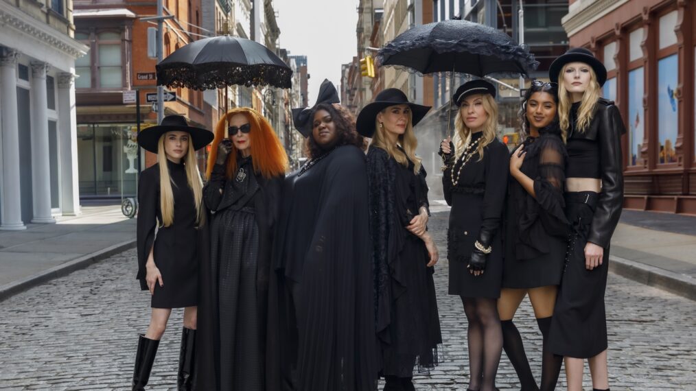 Emma Roberts as Madison Montgomery, Frances Conroy as Myrtle Snow, Gabourey Sidibe as Queenie, Sarah Paulson as Cordelia Goode, Leslie Grossman as Coco St. Pierre Vanderbilt, Aventika as Ophelia, Alex Consani as Morwenna — 'American Horror Story' Season 13
