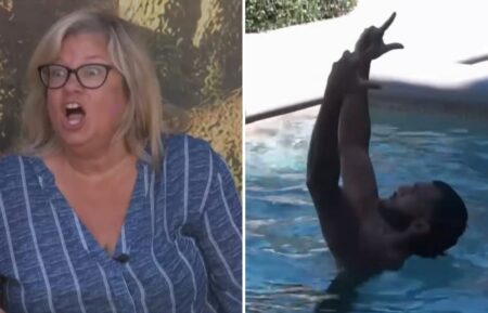 "Big Brother" Season 28 Houseguests Angela Murray (left) and Yash Patel (right) reacting to two planes nearly crashing into each other
