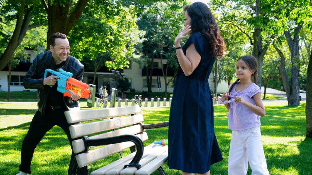 Donnie Wahlberg as Danny Reagan, Marisa Ramirez as Maria Baez, and Eleanor and Penelope Yataco as Elena Baez in 'Boston Blue' Season 2 Episode 2