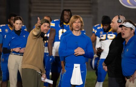 Perry Mattfeld, Michael Waldron, Glen Powell, Isaac Bauman, and Steve Zahn behind the scenes of 'Chad Powers' Season 2