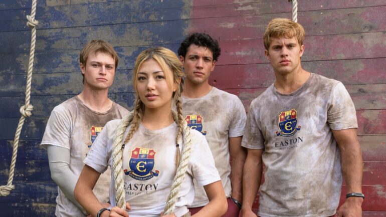 Connor Paton as Ryder Regis, Miku Martineau as Teagan Tao, Kyle Clark as Cam Dillinger and Sam Braun as Josh Regis in Crew Girl