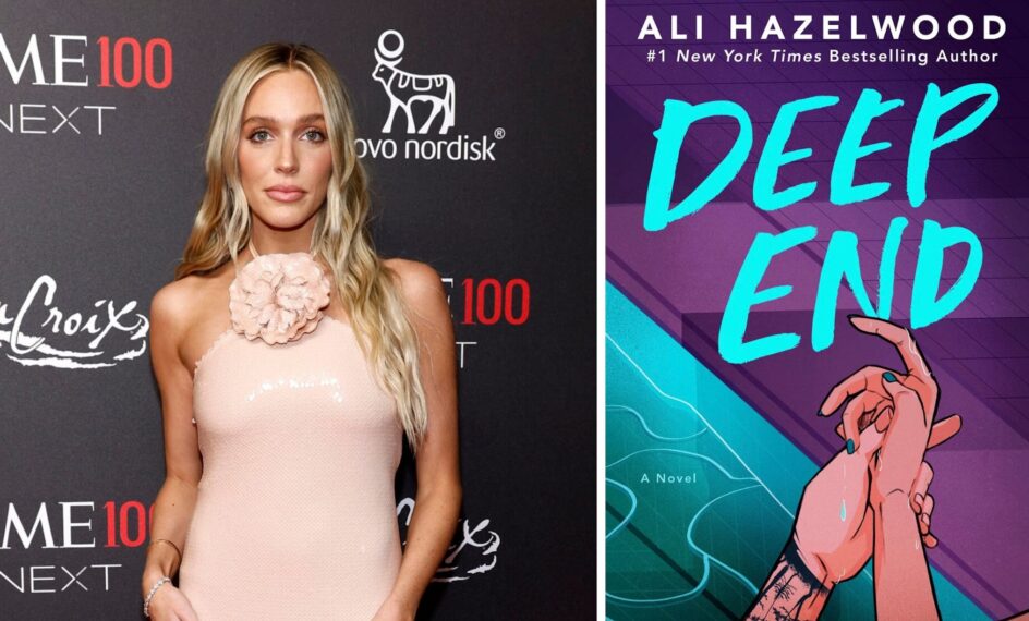 Alex Cooper next to a cover of Ali Hazelwood's 'Deep End'