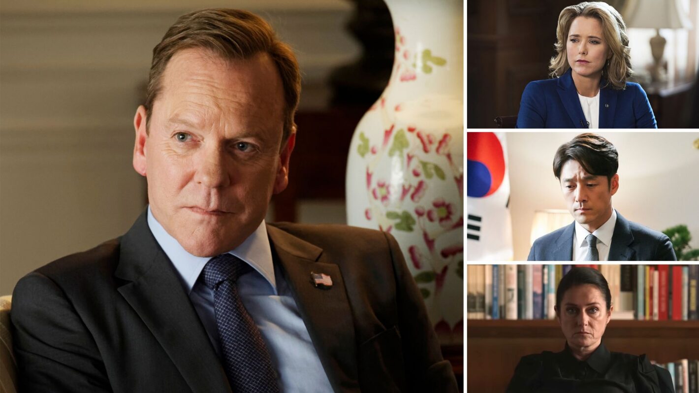 Kiefer Sutherland as Tom Kirkman in ‘Designated Survivor,’ Téa Leoni as Elizabeth McCord in ‘Madam Secretary,’ Ji Jin-hee as Park Mu-jin in ‘Designated Survivor: 60 Days,’ and Sidse Babett Knudsen as Birgitte Nyborg in ‘Borgen’