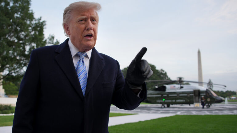 President Donald Trump speaks to members of the media after returning to the White House on September 23, 2026
