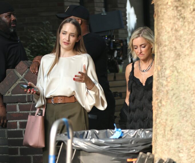 Jemima Kirke and Greta Titelman are seen at the "Elsbeth" set in Brooklyn on August 14, 2026 in New York City.