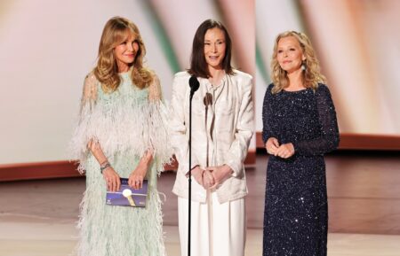 LOS ANGELES, CALIFORNIA - SEPTEMBER 14: (L-R) Jaclyn Smith, Kate Jackson, and Cheryl Ladd speak onstage during the 78th Primetime Emmy Awards at Peacock Theater on September 14, 2026 in Los Angeles, California. (Photo by Chloe Kern/WireImage)