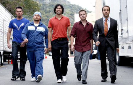 Kevin Dillon as Johnny 'Drama' Chase, Jerry Ferrara as Salvatore 'Turtle' Assante, Adrian Grenier as Vincent Chase, Kevin Connolly as Eric Murphy, and Jeremy Piven as Ari Gold in 'Entourage' Season 3