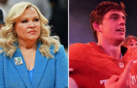 ESPN reporter Holly Rowe looks on before the National Championship of the NCAA Women's Basketball Tournament, Arch Manning #16 of the Texas Longhorns celebrates after a win against the Ohio State Buckeyes at Darrell K Royal-Texas Memorial Stadium