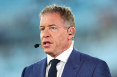 ESPN Broadcaster Troy Aikman looks on before the game between the Jacksonville Jaguars and the Kansas City Chiefs at EverBank Stadium on October 06, 2025