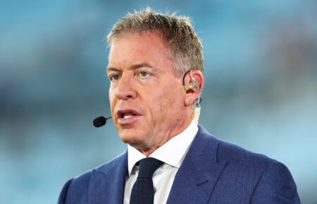ESPN Broadcaster Troy Aikman looks on before the game between the Jacksonville Jaguars and the Kansas City Chiefs at EverBank Stadium on October 06, 2025