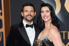 Elan Ruspoli and Jacqueline MacInnes Wood pose with her Emmy Award for for Lead Performance in a Daytime Drama Series: Actress