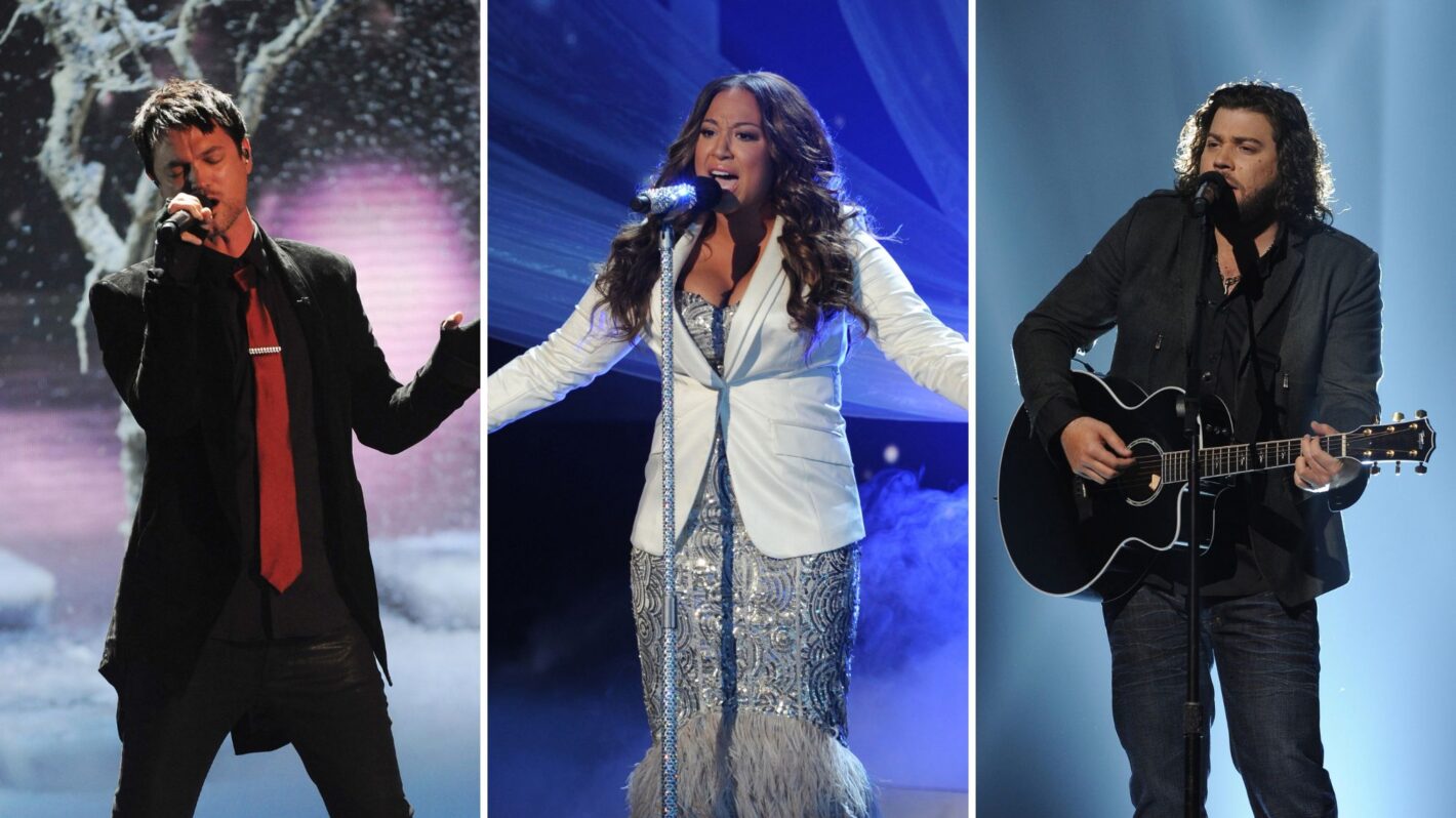 Jeff Gutt, Melanie Amaro, and Josh Krajcik performing on 'The X Factor USA'