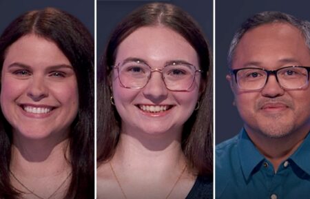 "Jeopardy!" contestants (from left) Christie Ramirez, Jen Spinoglio, and Mark Ramirez, on September 17, 2026