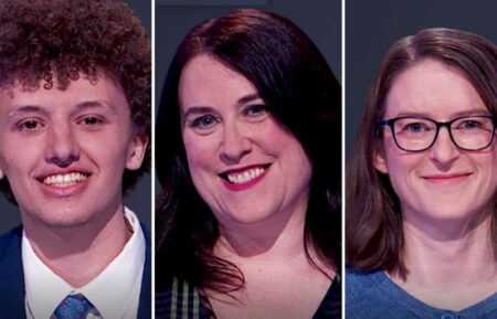 "Jeopardy!" contestants on September 24, 2026 (from left) Nikolas Polsinelli, Emily Burnham, and Carolyn Langton