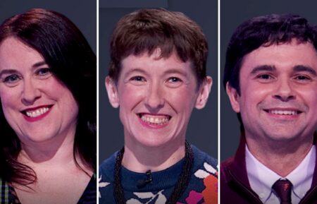 "Jeopardy!" contestants (from left) Emily Burnham, Jennifer Leavey, and Edward Tournier, on September 23, 2026