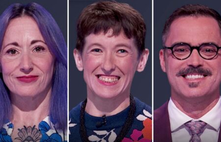 "Jeopardy!" contestants on September 22, 2026 (from left) Lauren Schiebel, Jennifer Leavey, and Greg Fosheim