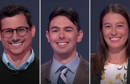 "Jeopardy!" contestants on September 30, 2026 (from left) Ben Meyerson, Justin Robbins, and Kirstin Franke