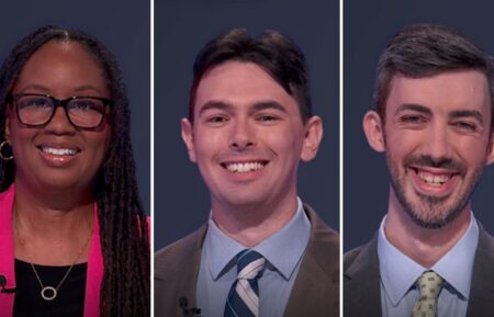 "Jeopardy!" contestants on September 29, 2026 (from left) Jareesa Tucker McClure, Justin Robbins, and Dominic Lloyd