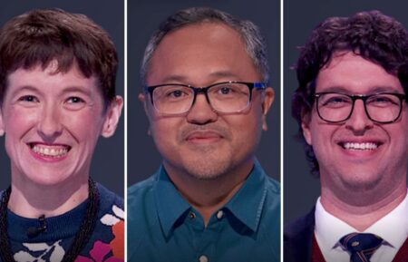 "Jeopardy!" contestants on September 21, 2026 (from left) Jennifer Leavey, Mark Ramirez, and Donavan Bisbee