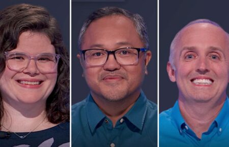 "Jeopardy!" contestants (from left) Holly Firlein, Mark Ramirez, and Michael Mott, on Wednesday, September 18, 2026