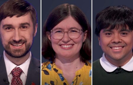 "Jeopardy!" contestants on September 15, 2026 (from left) Matthew Riggle, Abby Mullen, and Wesley Jalipa
