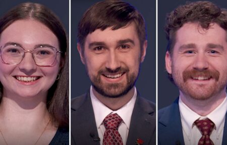 "Jeopardy!" contestants (from left) Jen Spinoglio, Matthew Riggle, and Daniel Nicastro, on September 16, 2026