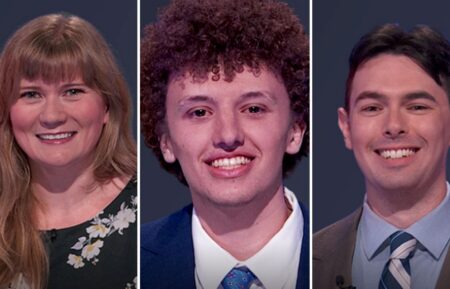 "Jeopardy!" contestants on September 28, 2026 (from left) Katie Burns, Nikolas Polsinelli, and Justin Robbins