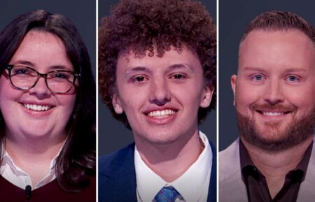 "Jeopardy!" contestants on September 25, 2026 (from left) Lydia Herndon, Nikolas Polsinelli, and Sean Carpenter