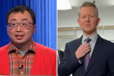 (left) Jamie Ding on 'Jeopardy!', (right) Ken Jennings in his 'Jeopardy!' dressing room lip syncing