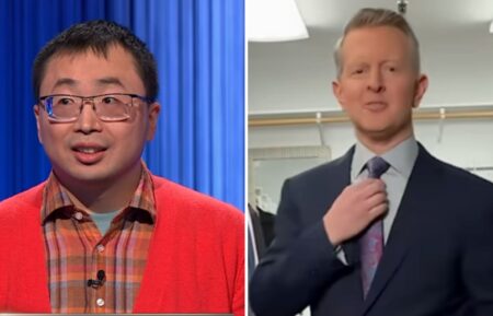 (left) Jamie Ding on "Jeopardy!", (right) Ken Jennings in his "Jeopardy!" dressing room lip syncing