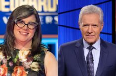 (left) Victoria Groce on 'Jeopardy! Masters 2026,' (right( Alex Trebek hosting 'Jeopardy!'