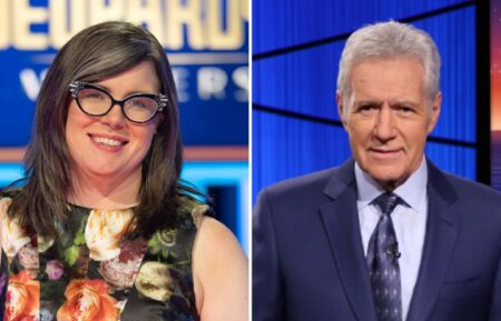 (left) Victoria Groce on "Jeopardy! Masters 2026," (right( Alex Trebek hosting "Jeopardy!"