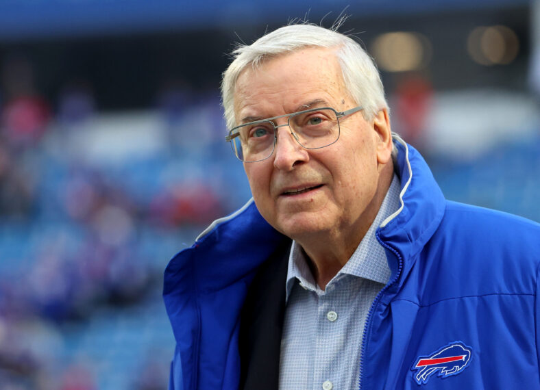 Owner Terry Pegula of the Buffalo Bills looks on from the field before a game against the New England Patriots at Highmark Stadium on December 31, 2023 in Orchard Park, New York