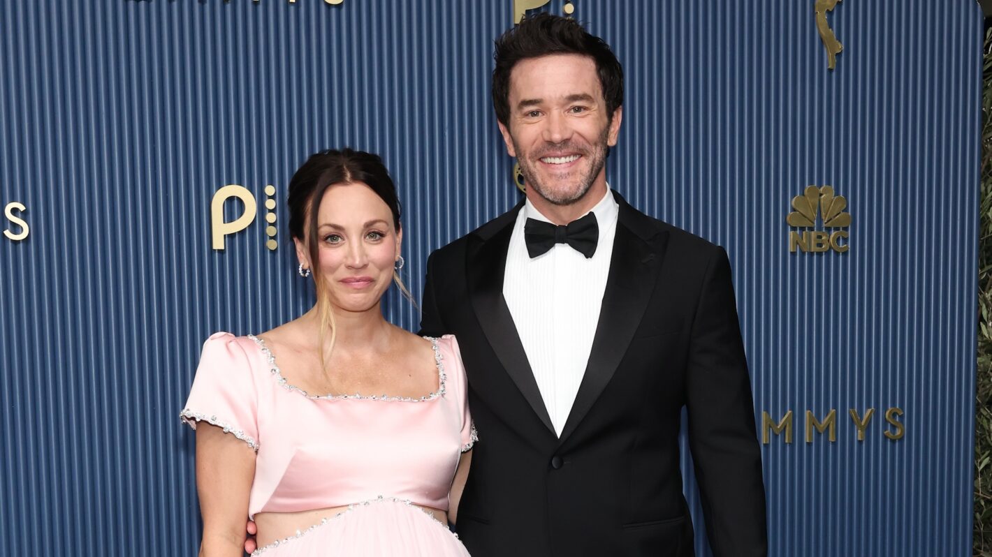 Kaley Cuoco and Tom Pelphrey attend the 78th Primetime Emmy Awards at Peacock Theater on September 14, 2026 in Los Angeles, California.