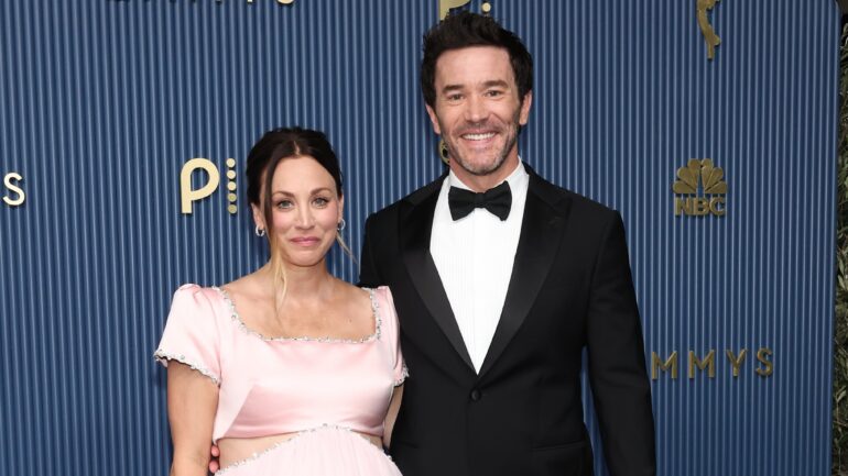 Kaley Cuoco and Tom Pelphrey attend the 78th Primetime Emmy Awards at Peacock Theater on September 14, 2026 in Los Angeles, California.