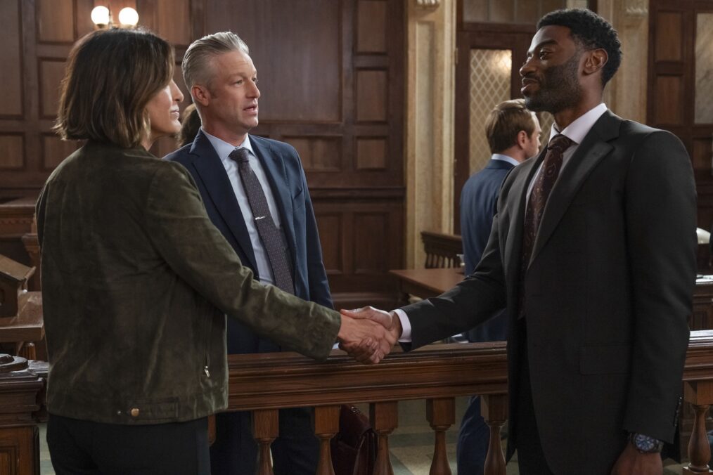 Mariska Hargitay as Capt. Olivia Benson, Peter Scanavino as A.D.A. Dominick "Sonny" Carisi Jr., Jelani Alladin as A.D.A. Aidan Hawkins — 'Law & Order: SVU' Season 28 Premiere "Volition"