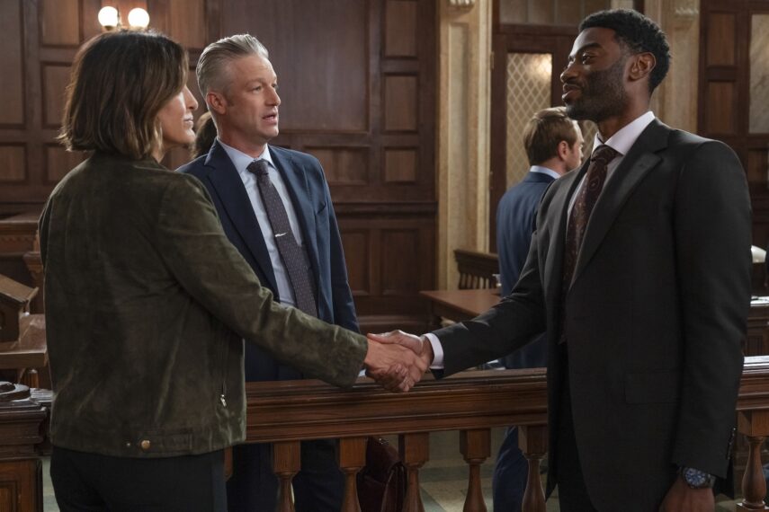 Mariska Hargitay as Capt. Olivia Benson, Peter Scanavino as A.D.A. Dominick "Sonny" Carisi Jr., Jelani Alladin as A.D.A. Aidan Hawkins — 'Law & Order: SVU' Season 28 Premiere "Volition"