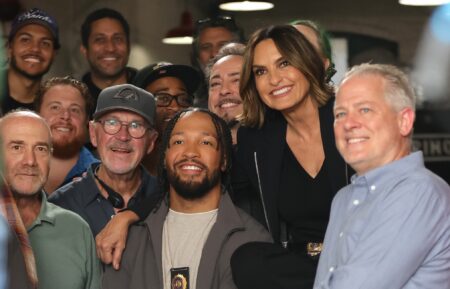 Jalen Brunson and Mariska Hargitay are seen on the set of "Law and Order: Special Victims Unit" set in Brooklyn on September 16, 2026 in New York City