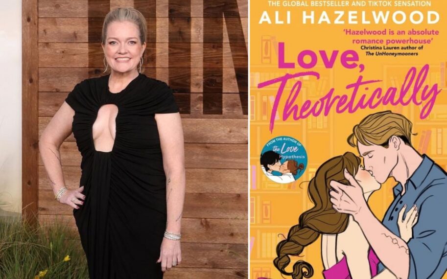 Colleen Hoover next to a cover of 'Love, Theoretically' by Ali Hazelwood